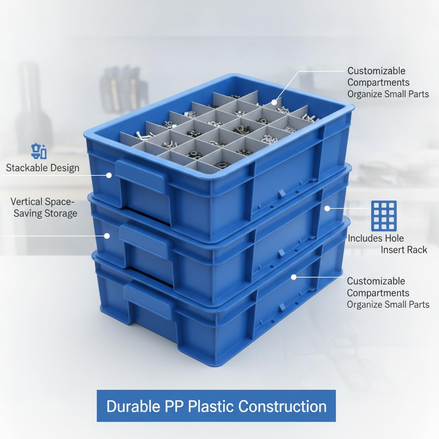 Stackable Blue Plastic Parts Storage Bin with Divider Rack for Beads & Craft Component Organization