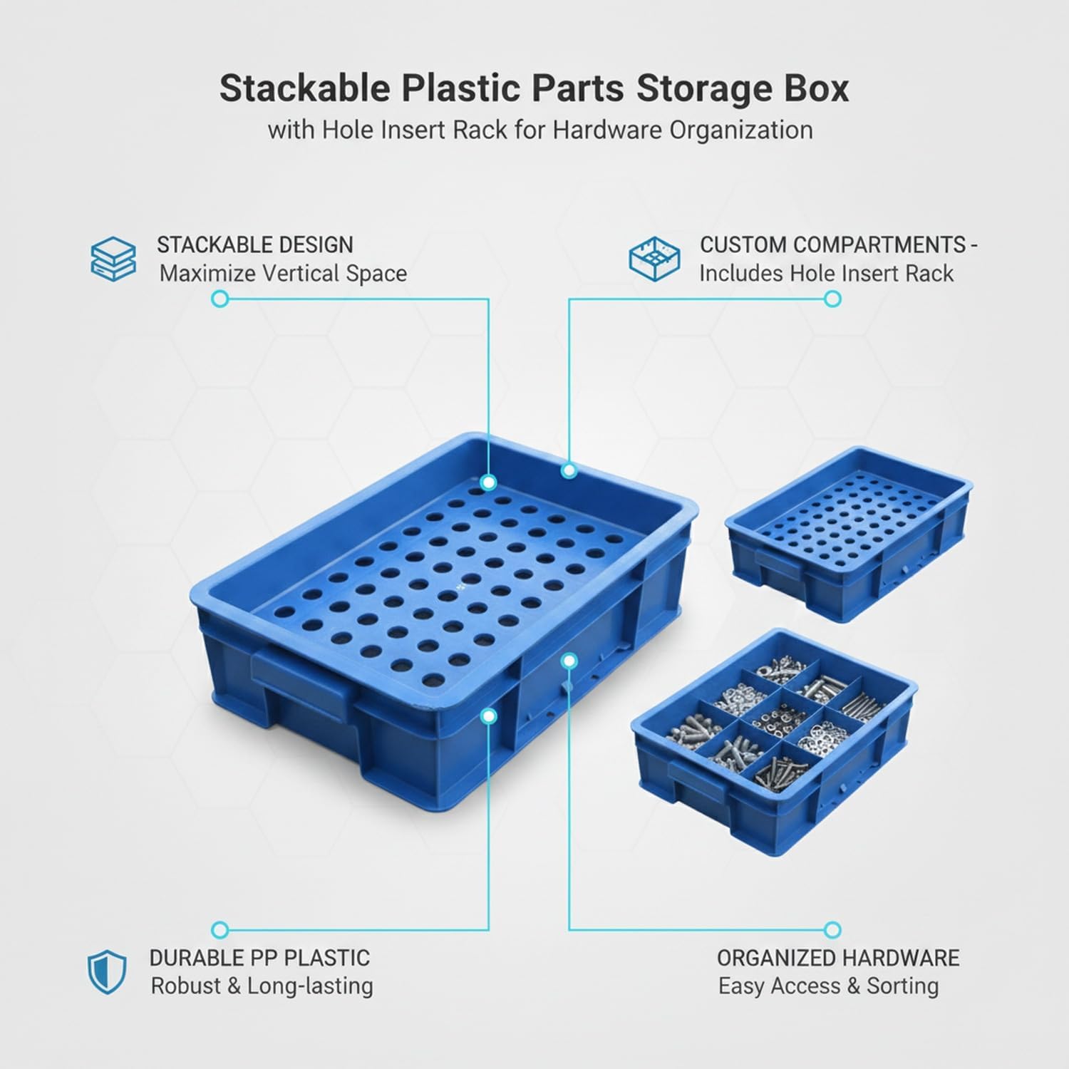 Stackable Blue Plastic Parts Storage Bin with Divider Rack for Beads & Craft Component Organization