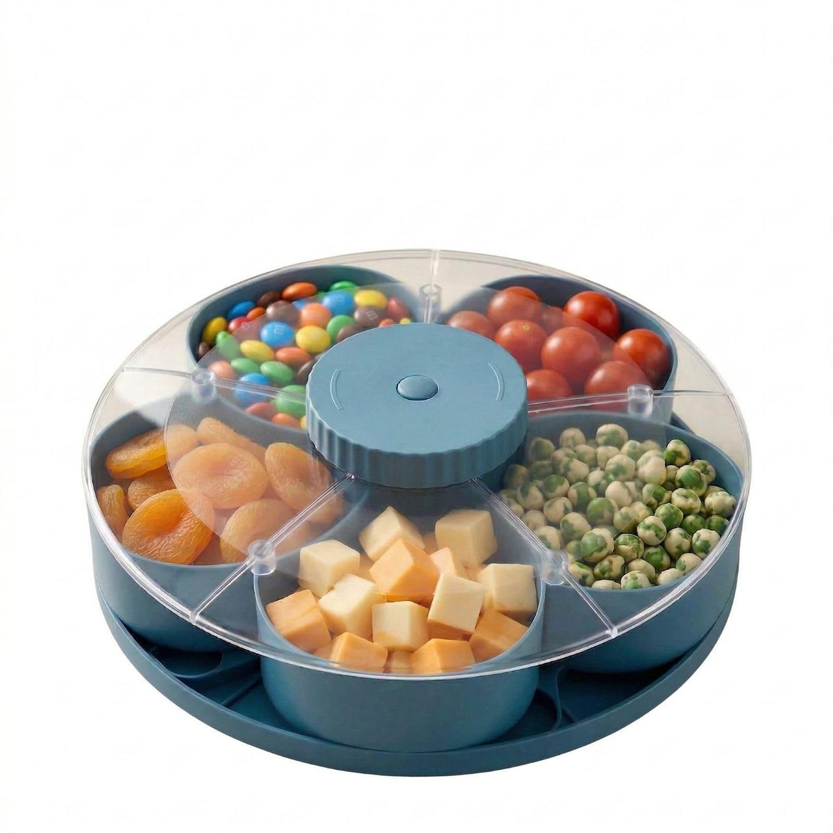 Lid Divided Rotating Snack Tray - Spin Box Platter Containers Candy Chip Storage, Rotating Spice & Snack Organizer, 8.66 inches Wide Clear 5-Compartment Serving, Nuts, and Snacks （Grey）