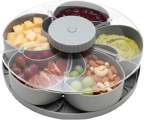 Lid Divided Rotating Snack Tray - Spin Box Platter Containers Candy Chip Storage, Rotating Spice & Snack Organizer, 8.66 inches Wide Clear 5-Compartment Serving, Nuts, and Snacks （Grey）