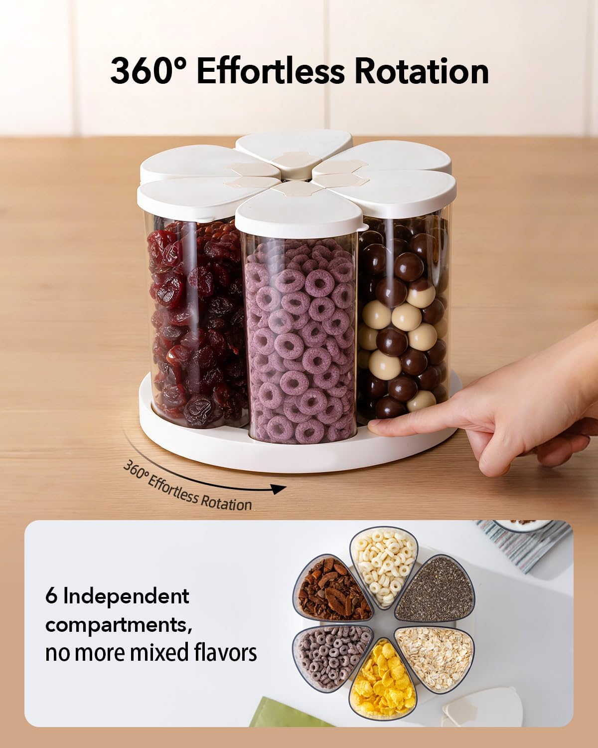 Rotating Food Storage Containers Set of 6, 23oz (690ml) Clear PET Jars with Dual Pour Lids, 360° Lazy Susan Pantry Organizer for Snacks, Cereal, Nuts, Oats & Dry Foods, Kitchen Grain Dispenser
