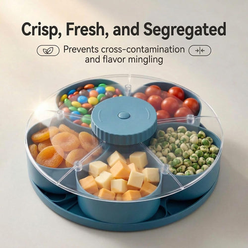 Lid Divided Rotating Snack Tray - Spin Box Platter Containers Candy Chip Storage, Rotating Spice & Snack Organizer, 8.66 inches Wide Clear 5-Compartment Serving, Nuts, and Snacks （Grey）