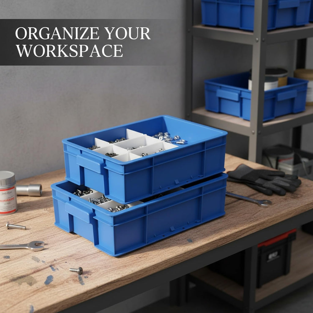 Stackable Blue Plastic Parts Storage Bin with Divider Rack for Beads & Craft Component Organization