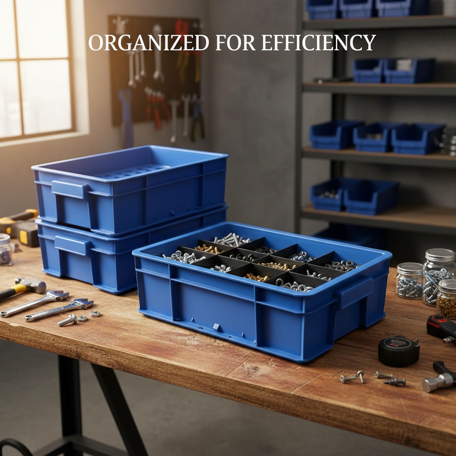 Stackable Blue Plastic Parts Storage Bin with Divider Rack for Beads & Craft Component Organization