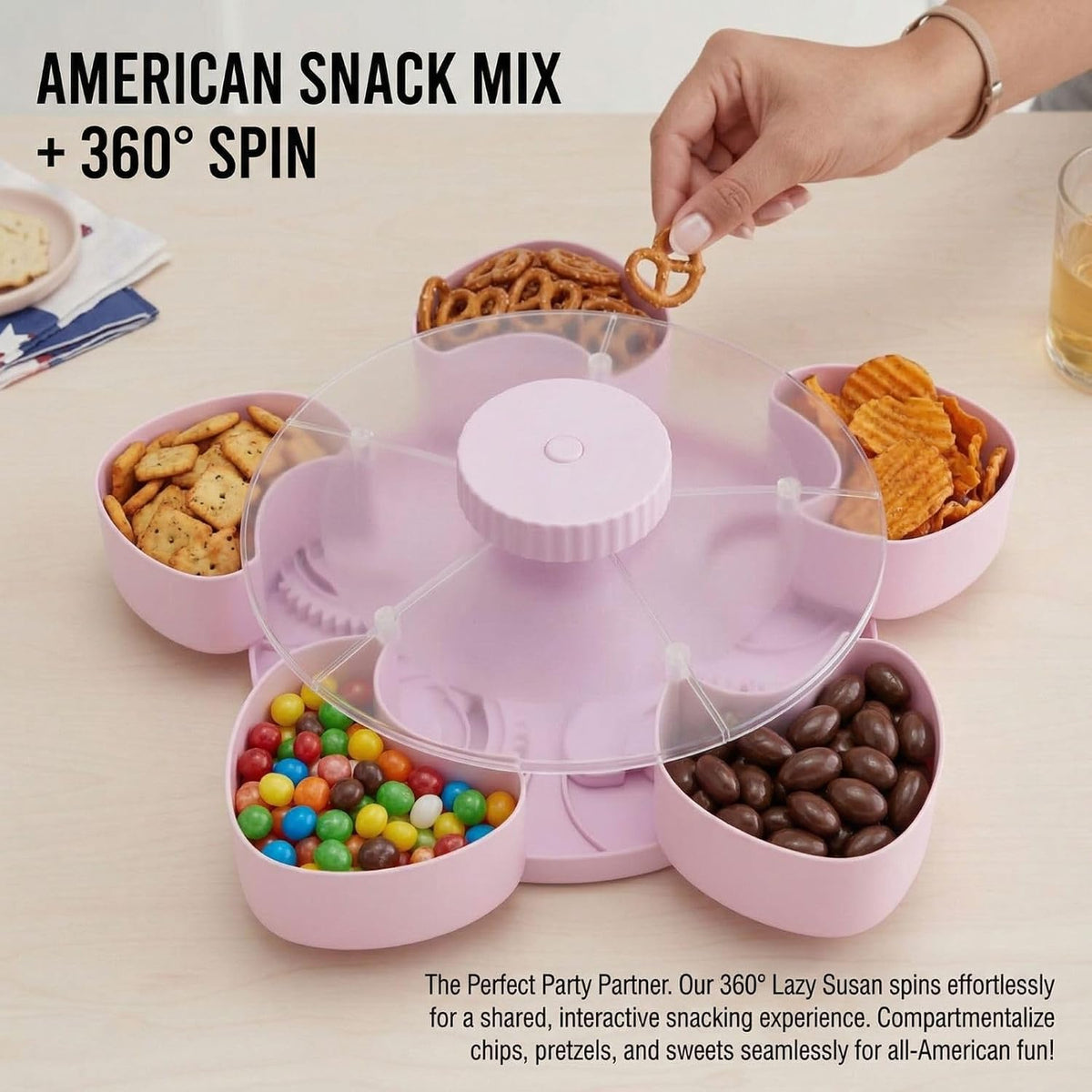 Lid Divided Rotating Snack Tray - Spin Box Platter Containers Candy Chip Storage, Rotating Spice & Snack Organizer, 8.66 inches Wide Clear 5-Compartment Serving, Nuts, and Snacks （Grey）