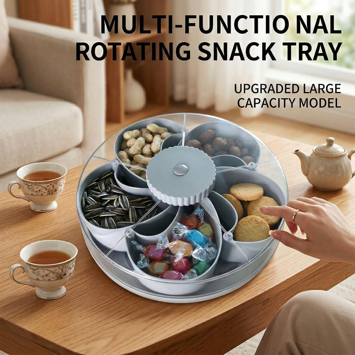 Lid Divided Rotating Snack Tray - Spin Box Platter Containers Candy Chip Storage, Rotating Spice & Snack Organizer, 8.66 inches Wide Clear 5-Compartment Serving, Nuts, and Snacks （Grey）